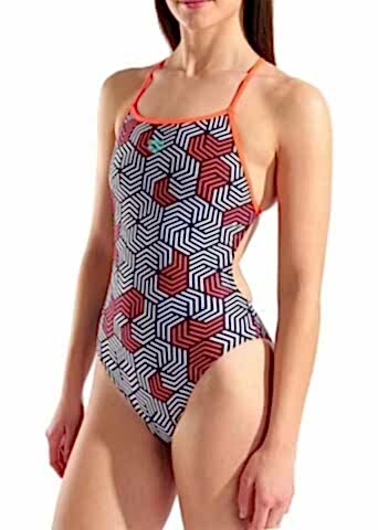 WOMEN'S ARENA GEOMETRY SWIMSUIT SWIM BOOSTER BACK MULTI BLACK BRIGHT CORAL